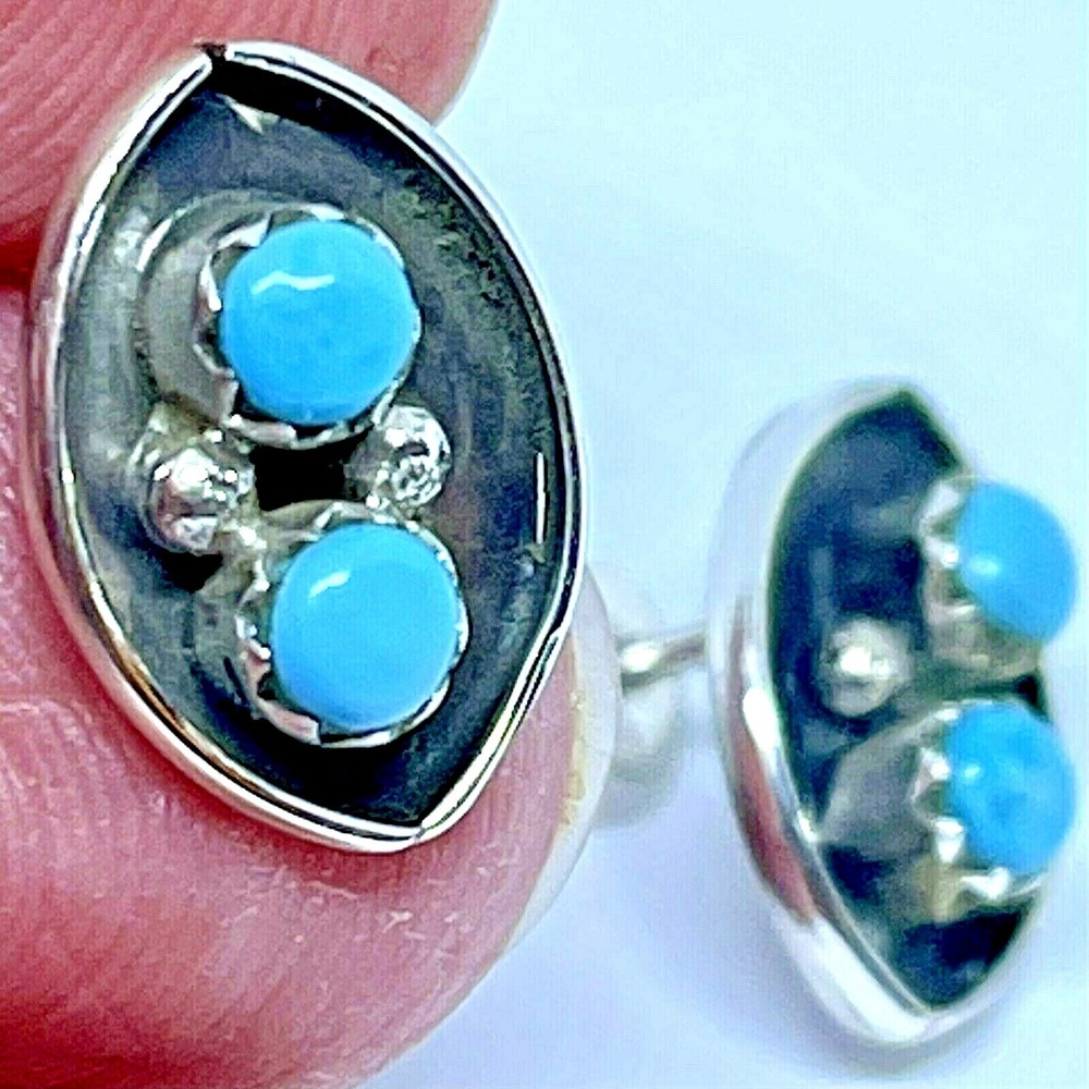 Navajo Turquoise Stud Earrings 14mm Sterling 925‎ Snake Eye Dark Post Marquis